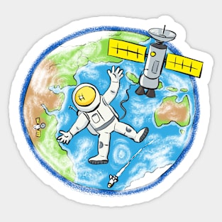 Astronaut and satellite over earth cartoon illustration Sticker